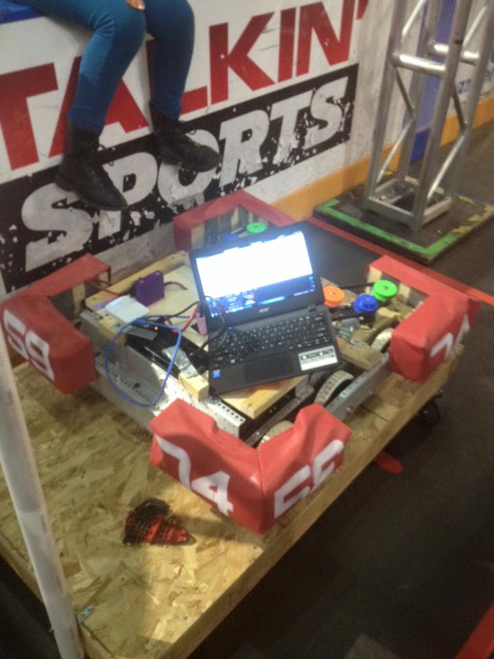 A picture of the robot built in 2016 in queue at the 2016 competition